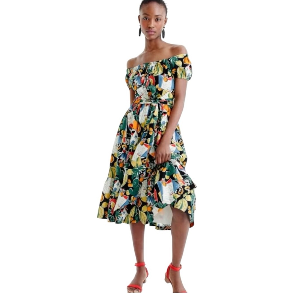 J Crew Off Shoulder Ruffle Hem Fruity Vintage Postcard Tropical Dress
